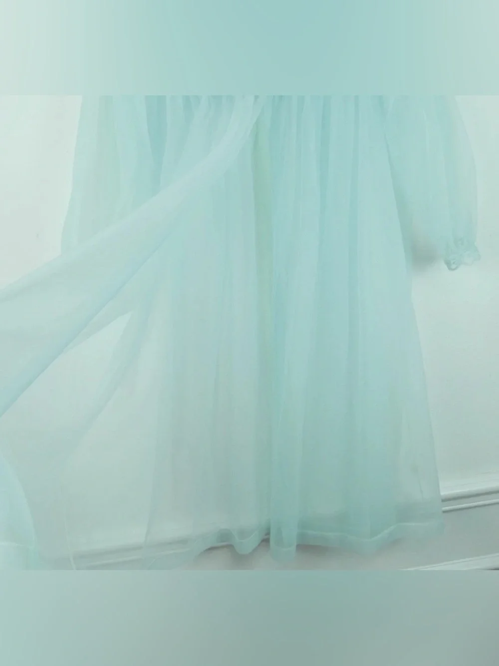 Vintage Sheer Nylon Peignoir Robe Bed Jacket Coquette Baby Blue Lace Babydoll M
